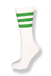 Calf high crew cut white sock with three kelly green stripes