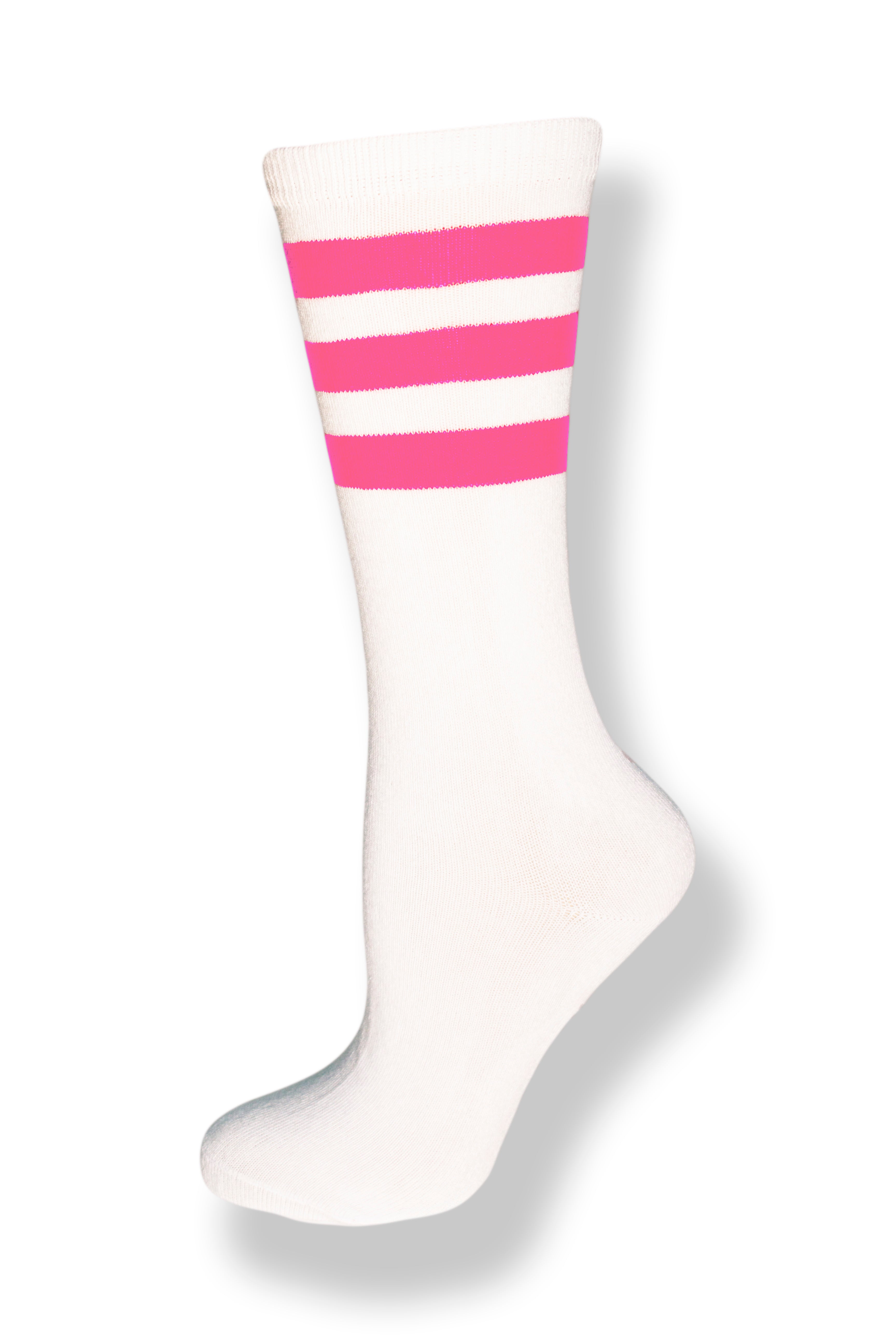 Unisex Mid Calf High White Sock with Pink Stripes