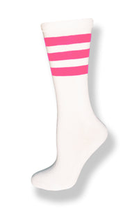 Calf high crew cut white sock with three pink stripes