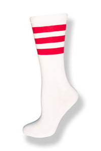 Calf high crew cut white sock with three red stripes
