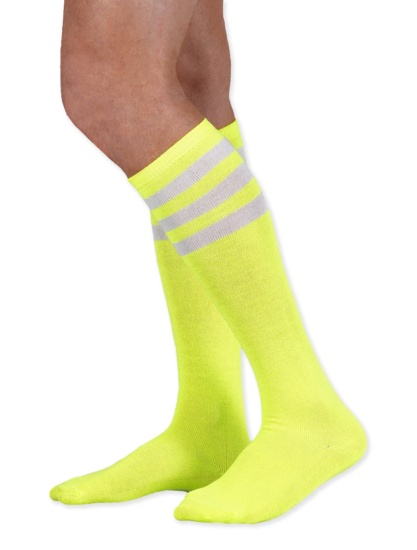 Unisex adult size fluorescent neon yellow knee high tube sock with three white stripes