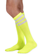 Load image into Gallery viewer, Unisex adult size fluorescent neon yellow knee high tube sock with three white stripes
