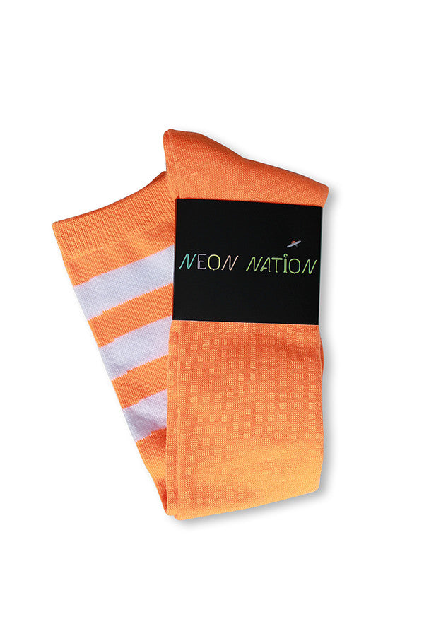 unisex adult size fluorescent neon orange knee high tube sock with three white stripes