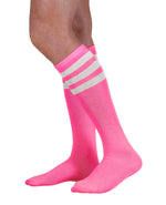 Load image into Gallery viewer, Unisex adult size fluorescent neon hot pink knee high tube sock with three white stripes
