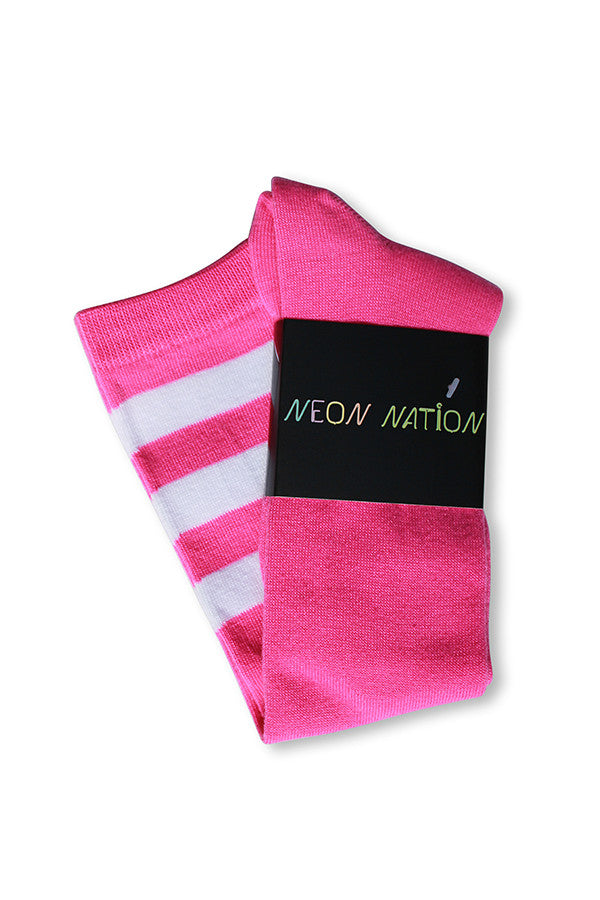 Unisex adult size fluorescent neon hot pink knee high tube sock with three white stripes