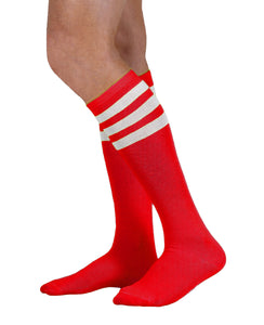 Unisex adult size red knee high tube sock with three white stripes