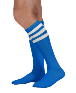 Unisex adult size royal blue knee high tube sock with three white stripes