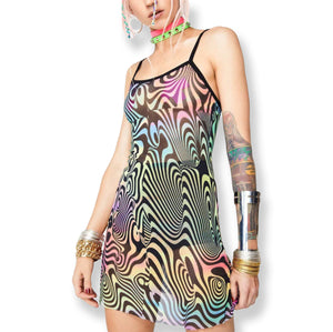 Multi Color Funky Pattern Mesh See Through Bodycon Dress