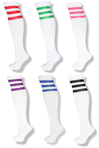 6 Pack Adult Unisex White Knee High Socks w/ Colored Stripes - Neon Nation