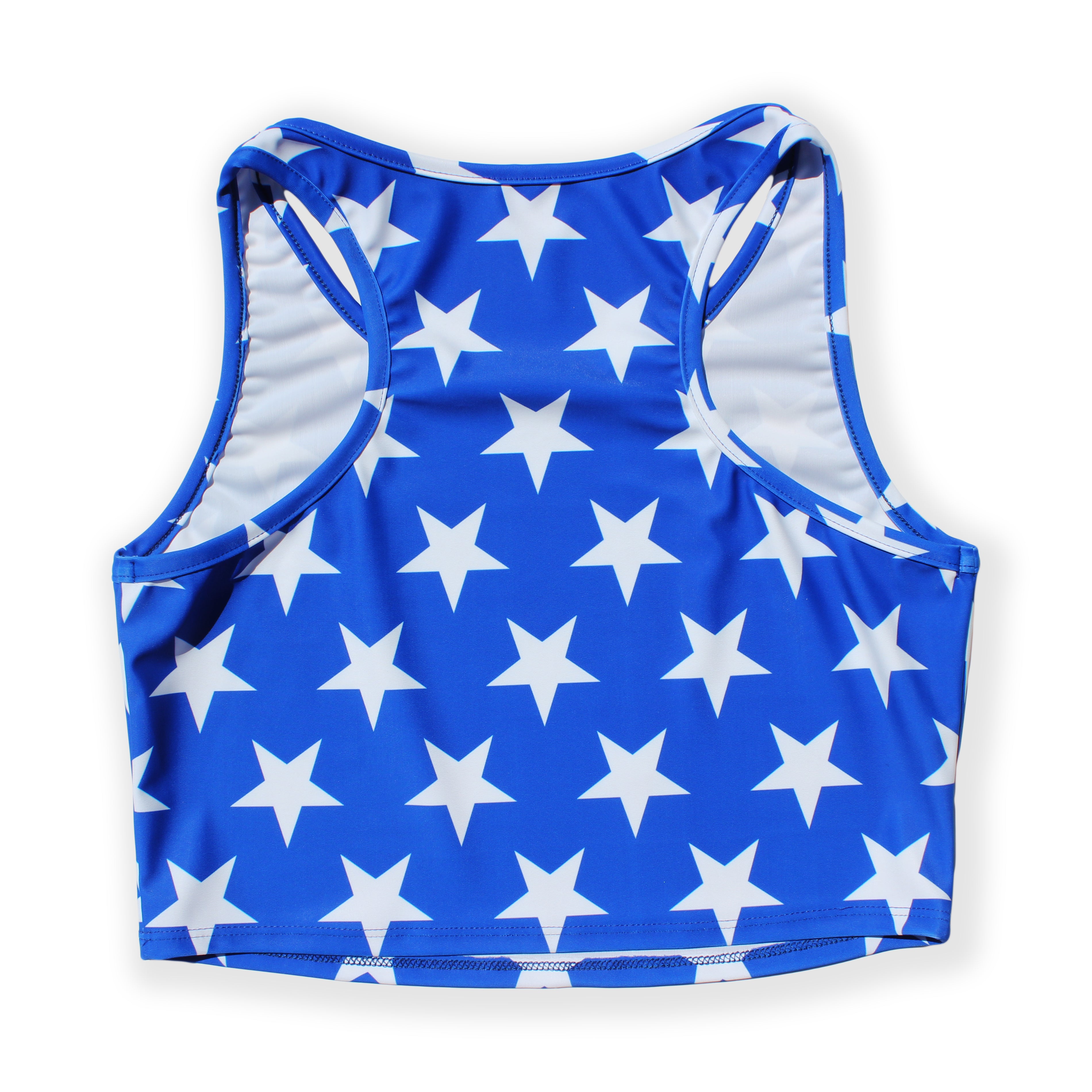 Printed Sleeveless Racerback Crop Top T-Shirt (Blue and White Star Print)