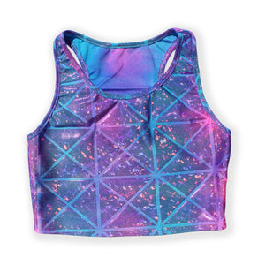Printed Sleeveless Racerback Crop Top T-Shirt (Blue and Purple Glitter Triangle Print)