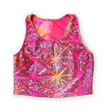 Load image into Gallery viewer, Printed Sleeveless Racerback Crop Top T-Shirt (Pink and Orange Glitter Triangle Print)
