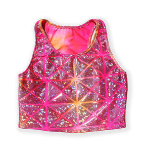 Printed Sleeveless Racerback Crop Top T-Shirt (Pink and Orange Glitter Triangle Print)