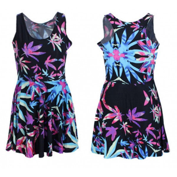 Neon Purple Pink & Blue Weed Marijuana Leaf Print Mini Dress Quality Spandex - Neon Nation