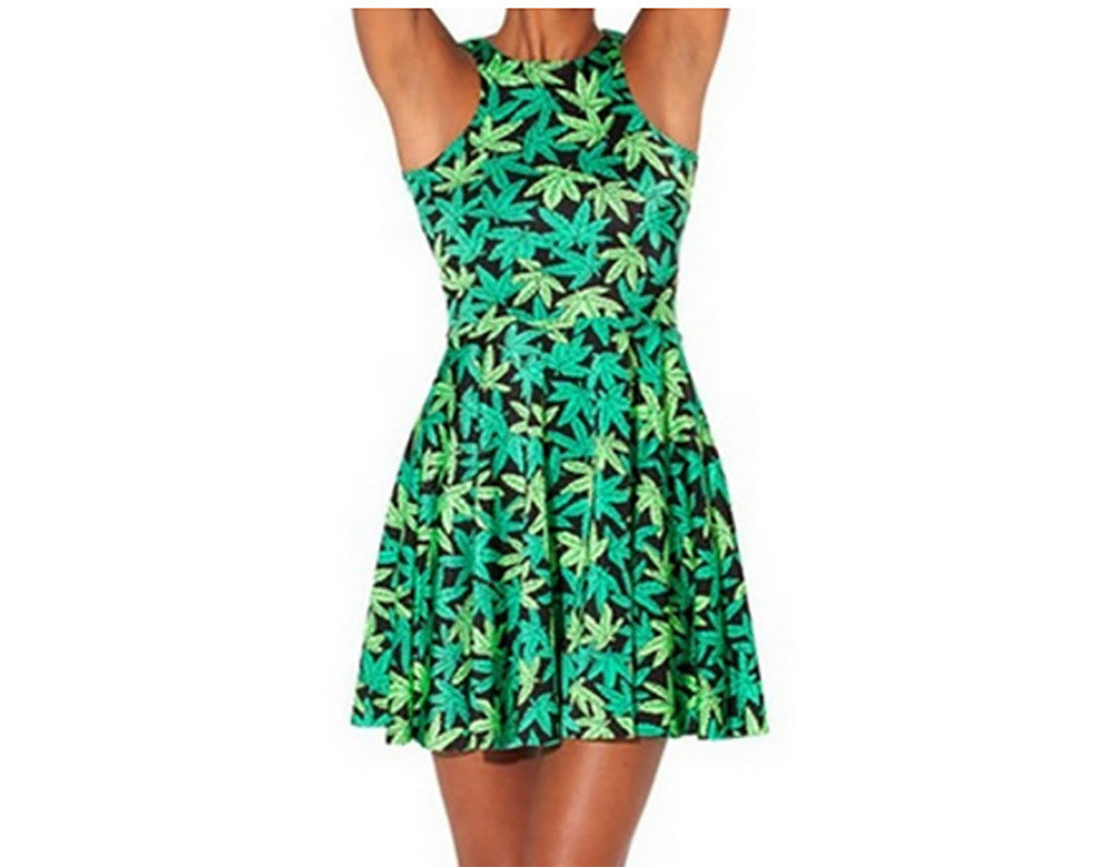 Neon Nation Green Weed Marijuana Print Pleated Short Dress - Neon Nation