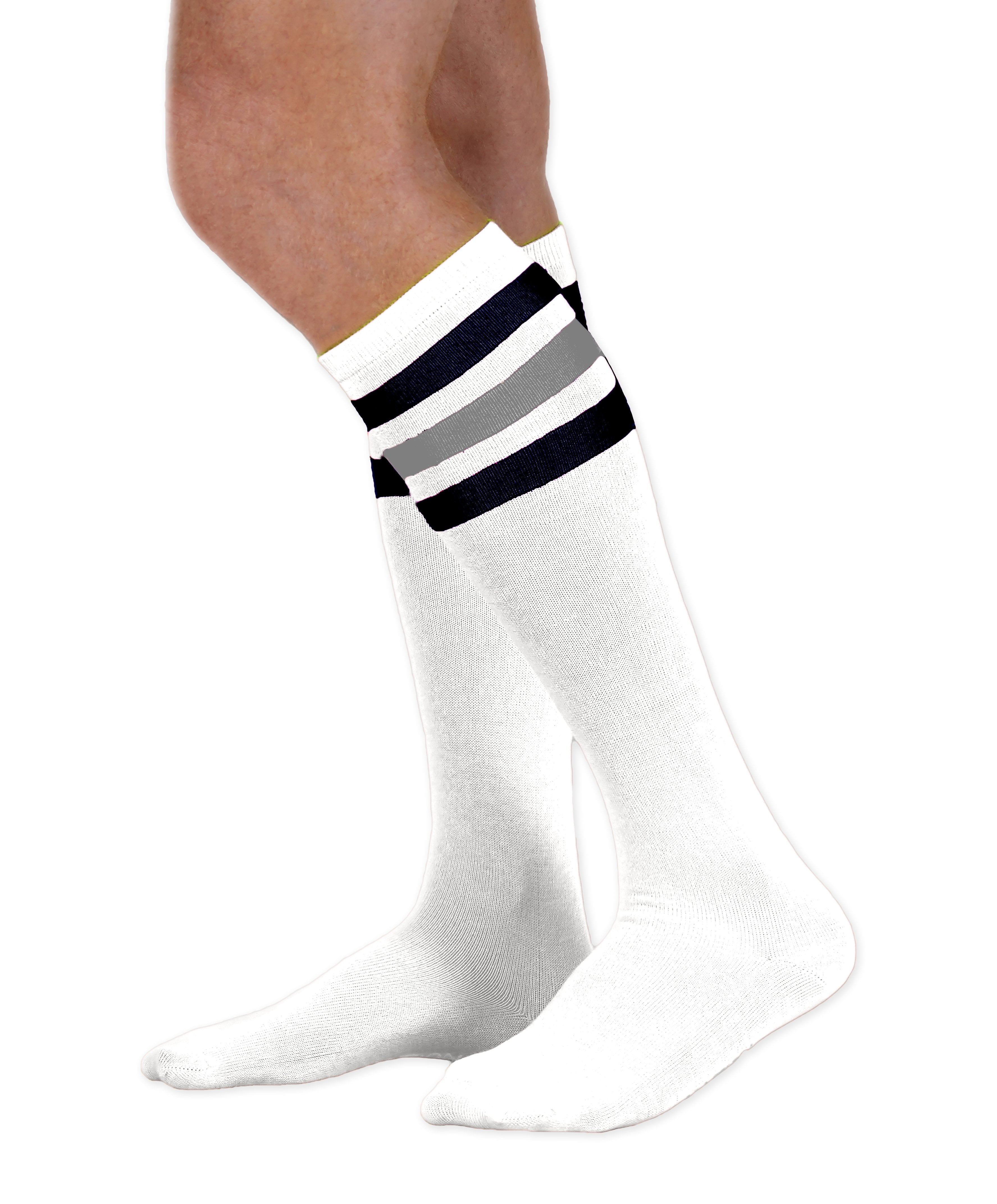 Unisex adult size white knee high tube sock with three navy blue and gray stripes