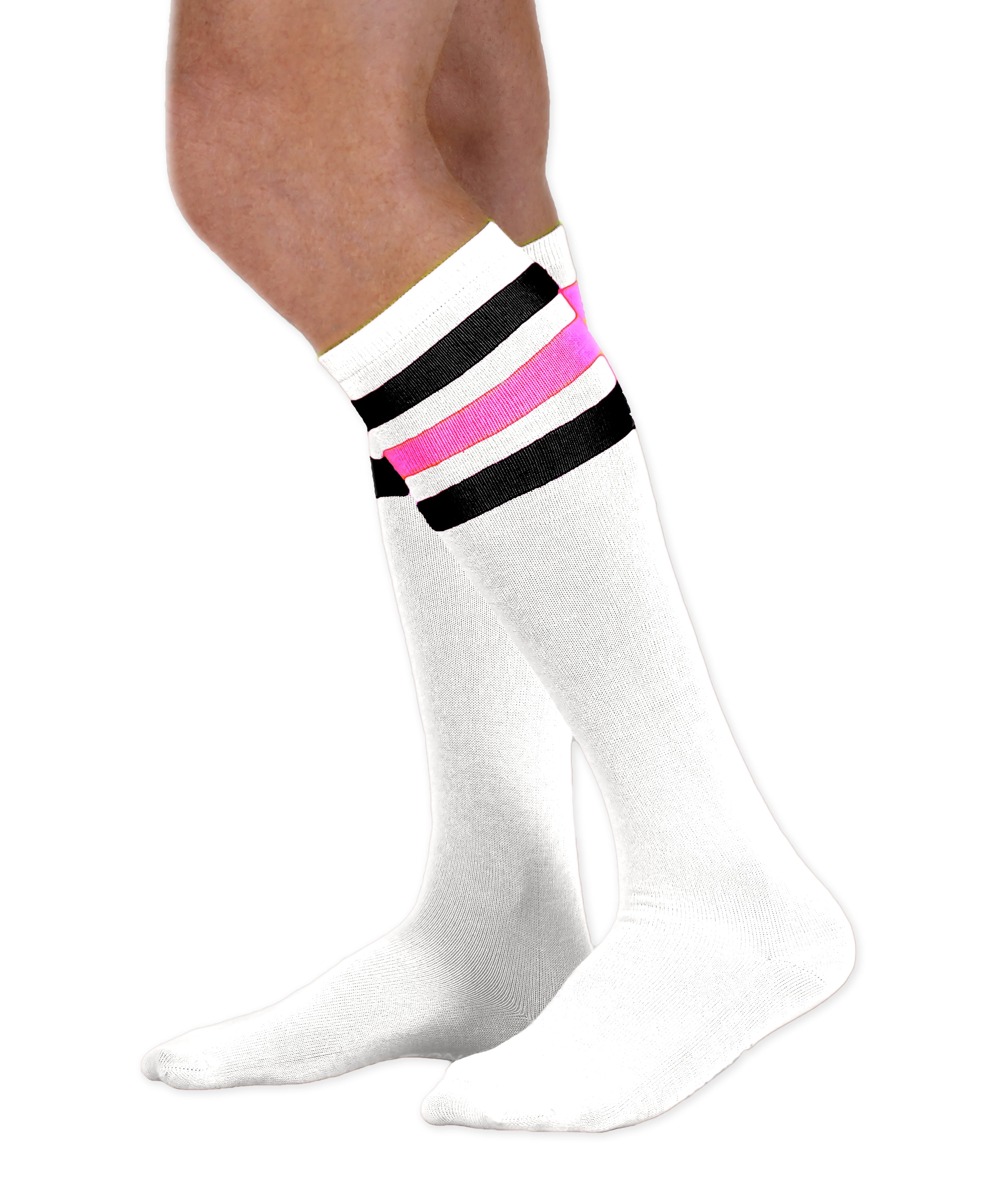 Unisex adult size white knee high tube sock with three black and fluorescent neon pink stripes