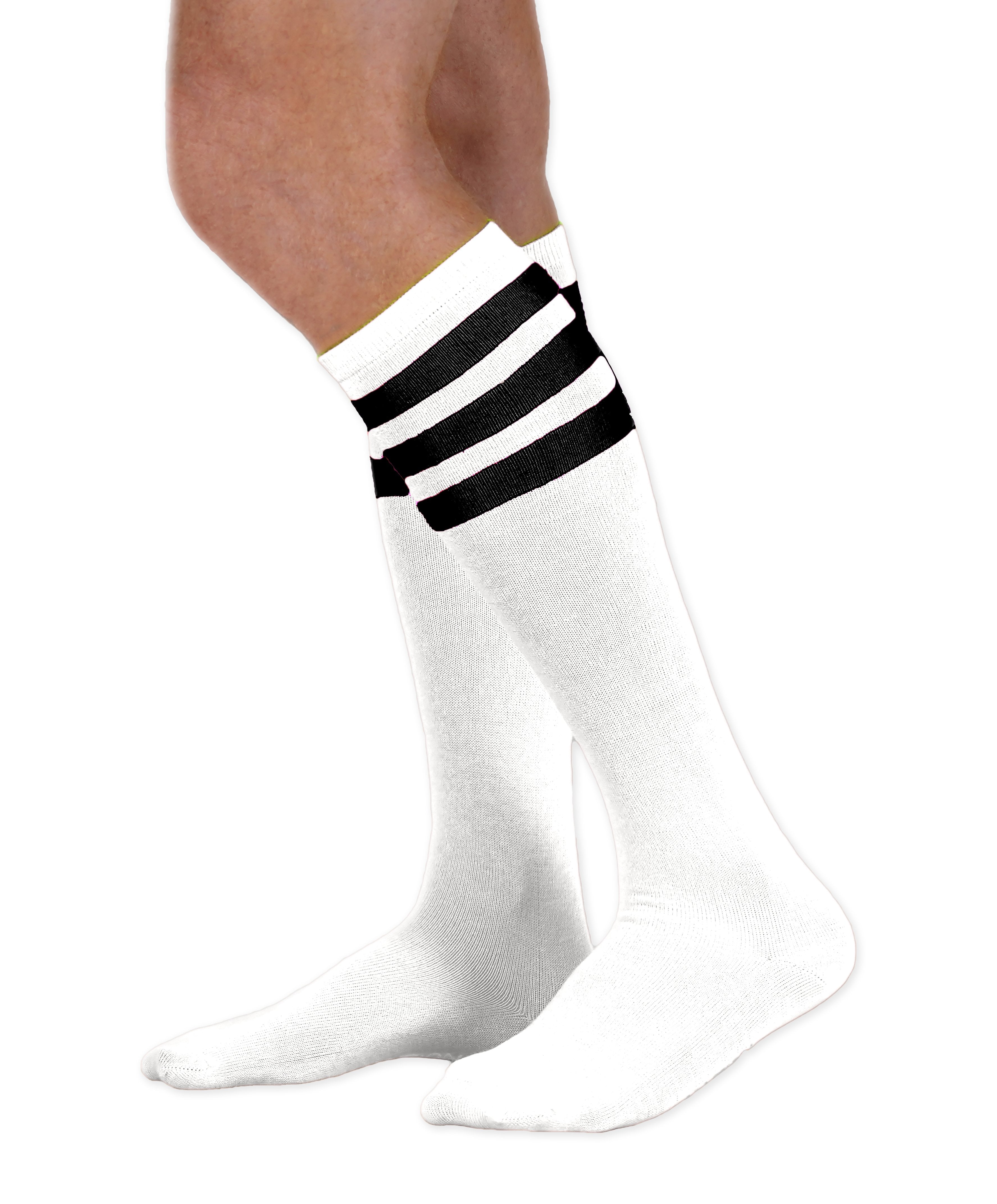 Unisex adult size white knee high tube sock with three black stripes