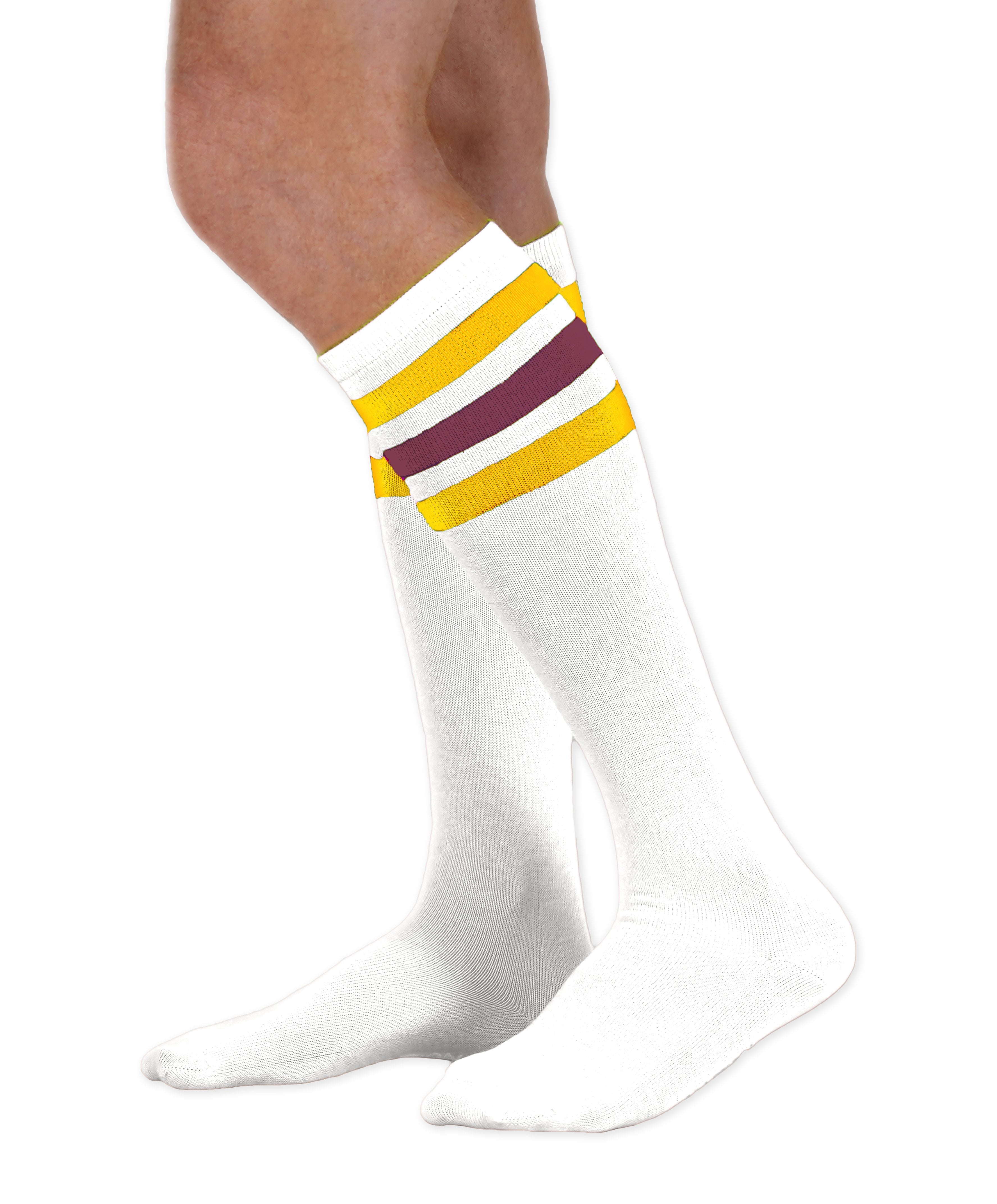 Unisex adult size white knee high tube sock with three gold and burgundy stripes