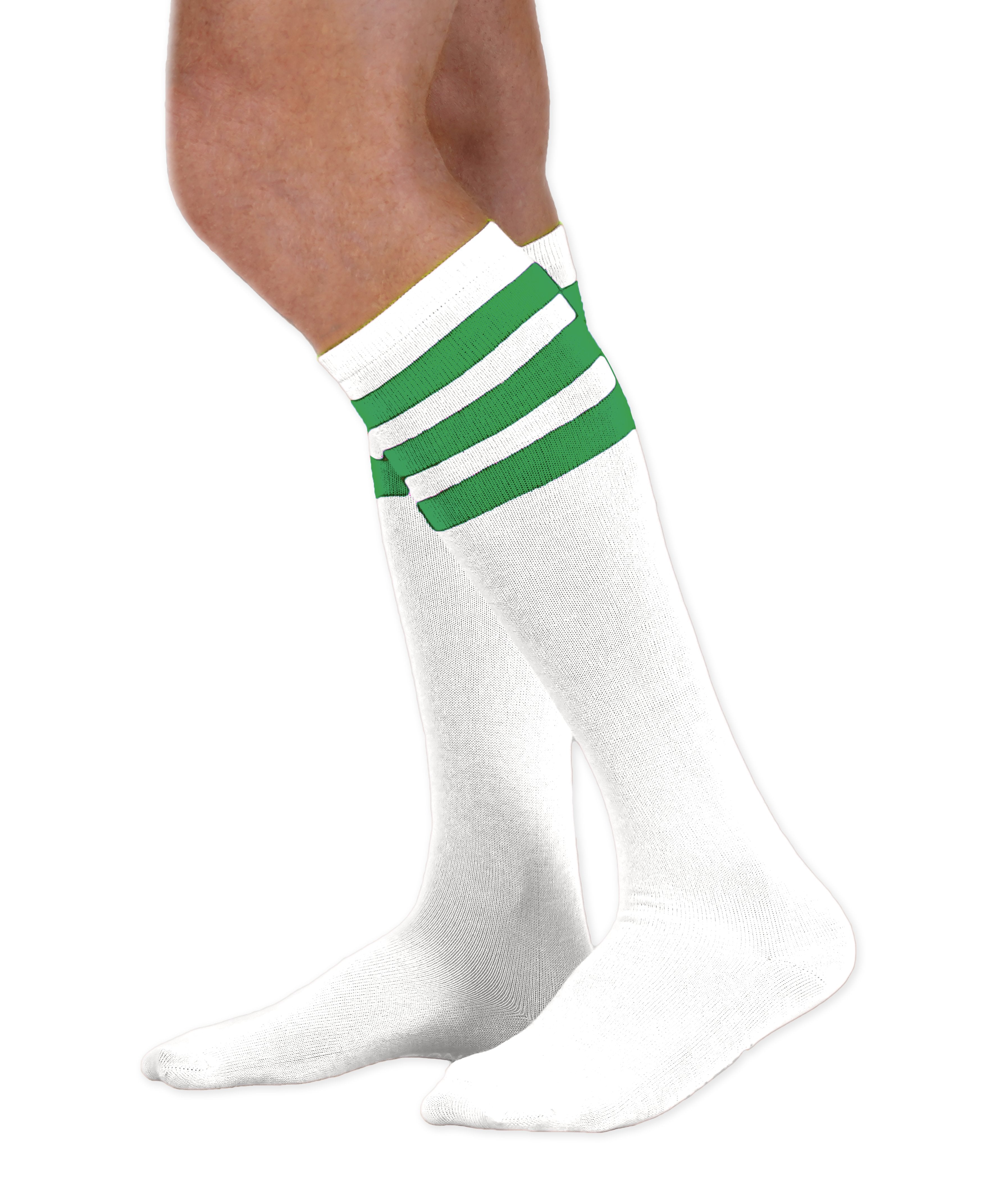 Unisex adult size white knee high tube sock with three kelly green stripes