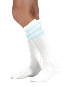Unisex adult size white knee high tube sock with three light blue stripes