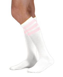 Unisex adult size white knee high tube sock with three light pink stripes