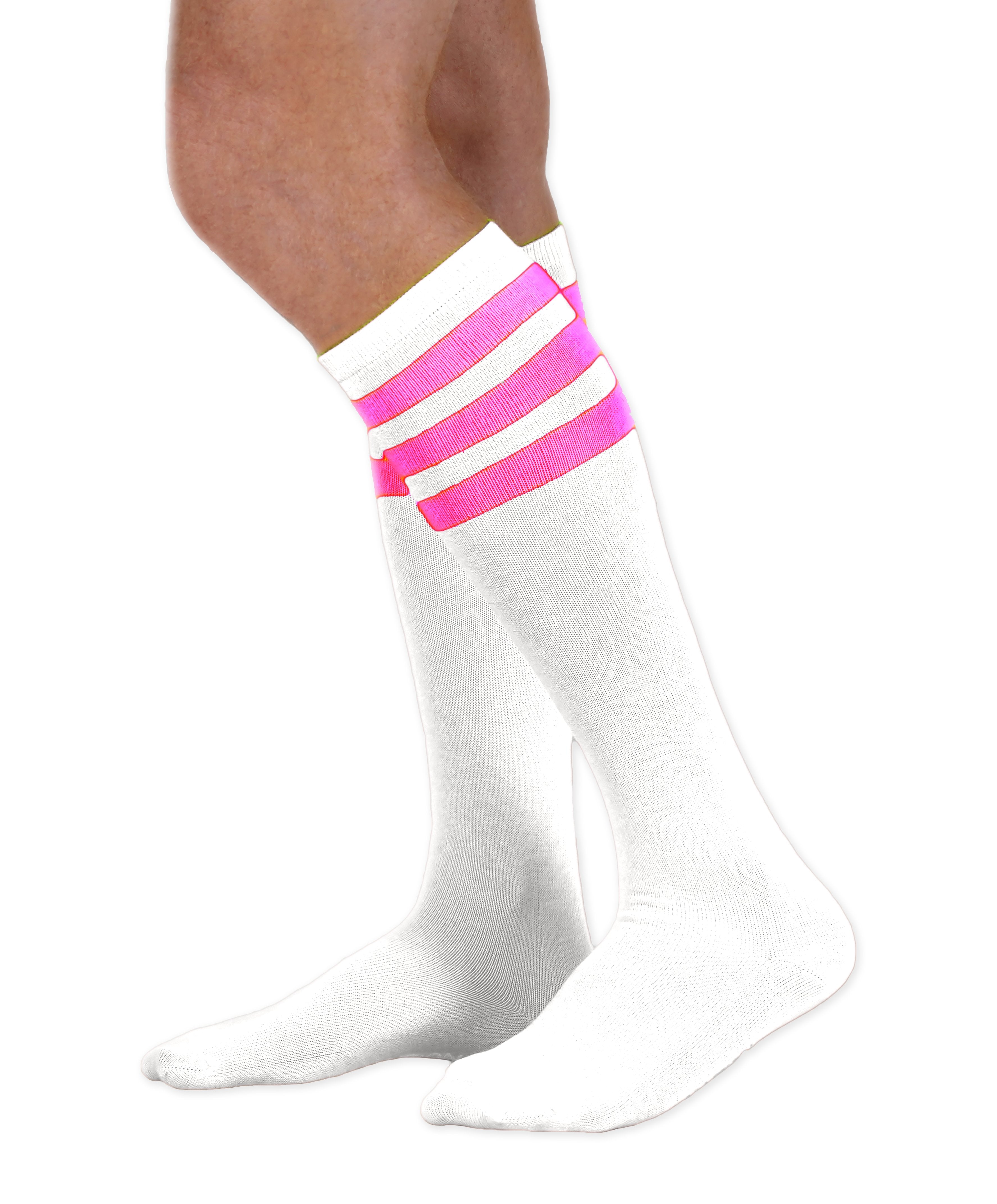 Unisex adult size white knee high tube sock with three fluorescent neon pink stripes
