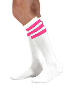 Unisex adult size white knee high tube sock with three pink stripes