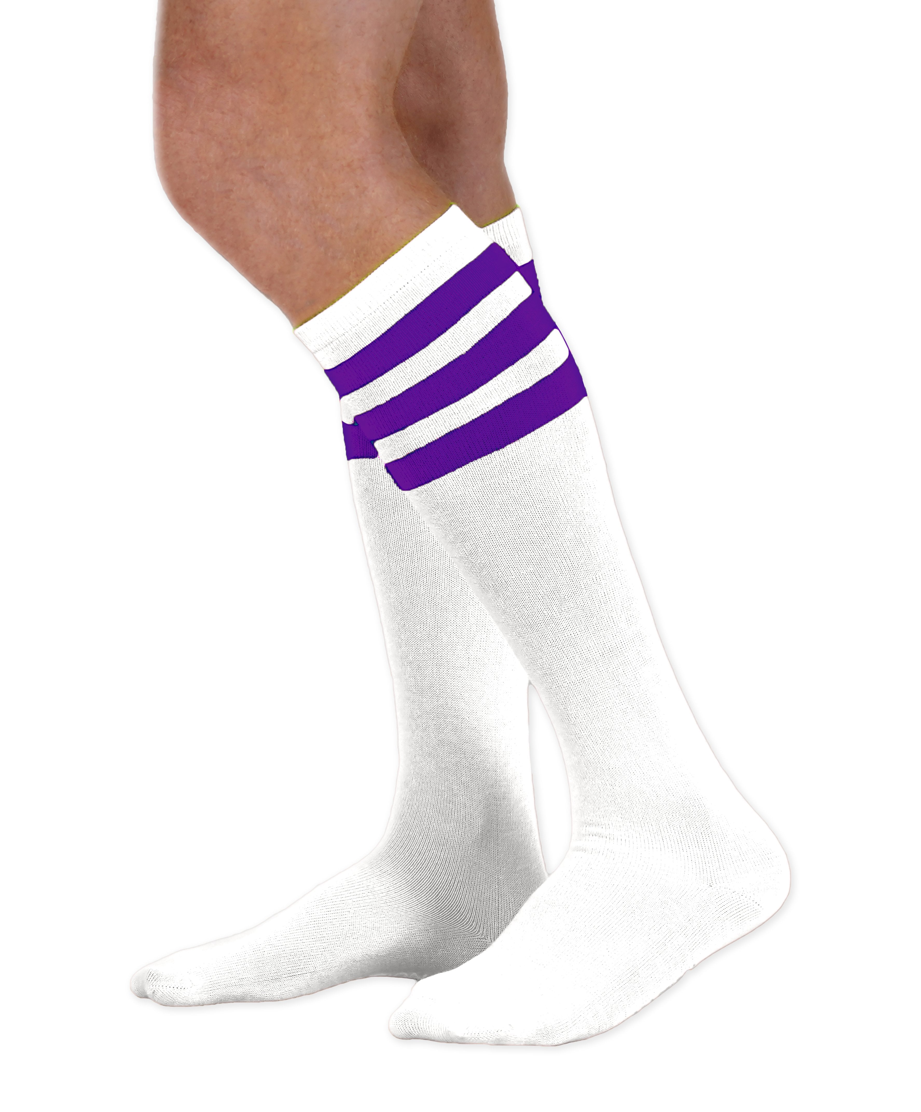 Unisex adult size white knee high tube sock with three purple stripes