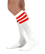 Load image into Gallery viewer, Unisex adult size white knee high tube sock with three red stripes
