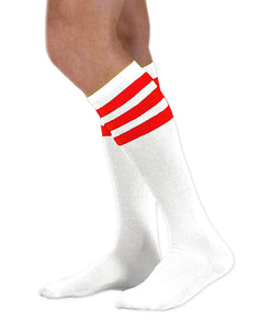 Unisex adult size white knee high tube sock with three red stripes