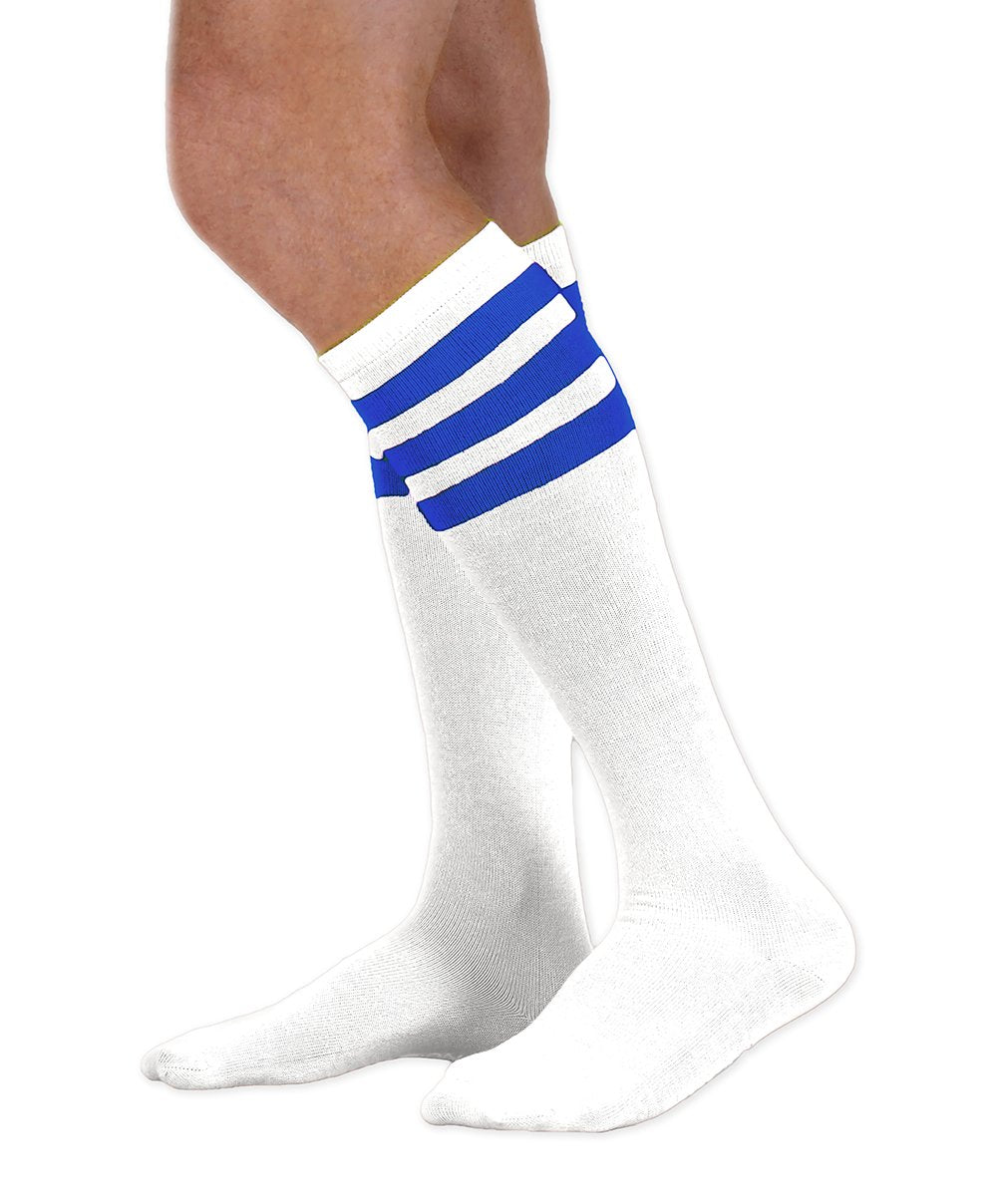 Unisex adult size white knee high tube sock with three royal blue stripes