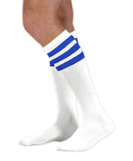 Load image into Gallery viewer, Unisex adult size white knee high tube sock with three royal blue stripes
