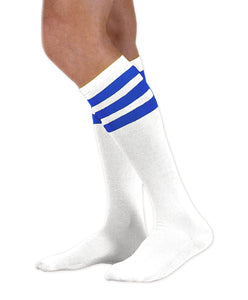 Unisex adult size white knee high tube sock with three royal blue stripes