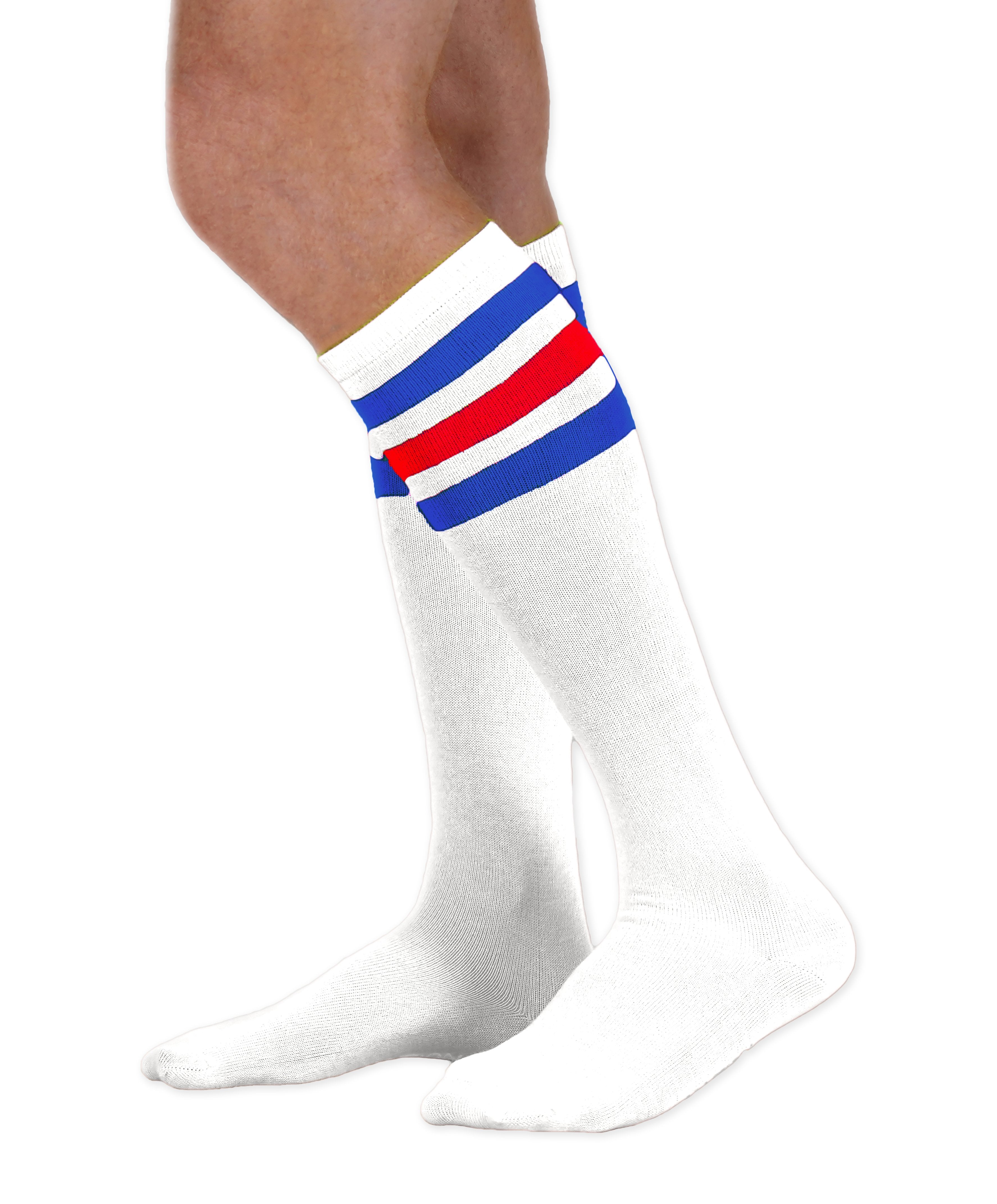 Unisex adult size white knee high tube sock with three royal blue and red stripes