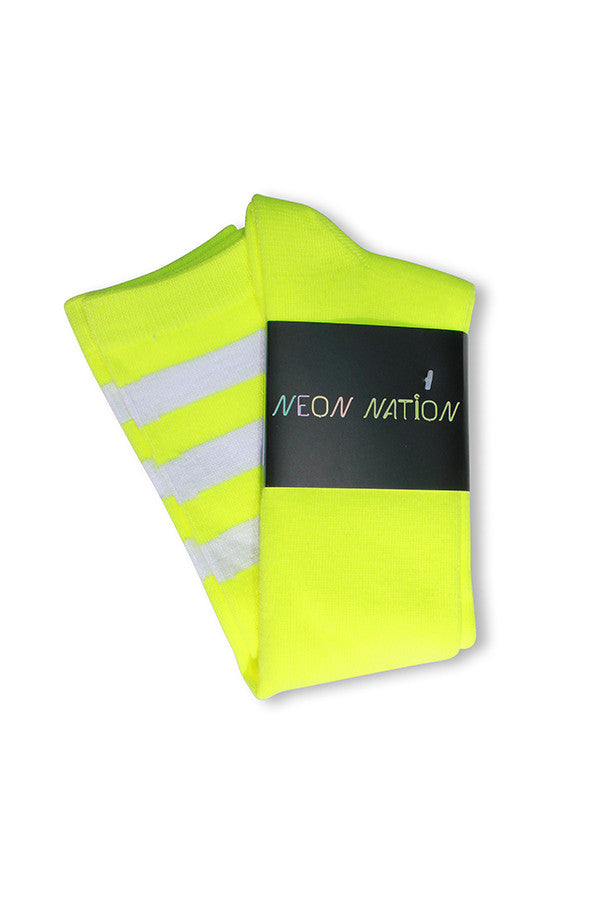 Unisex adult size fluorescent neon yellow knee high tube sock with three white stripes