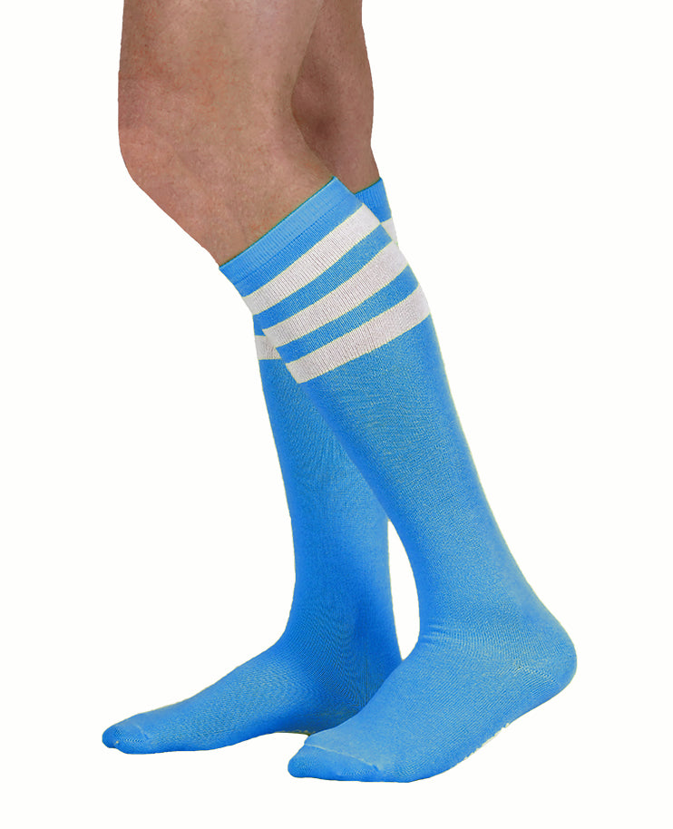 unisex adult size neon blue knee high tube sock with three white stripes