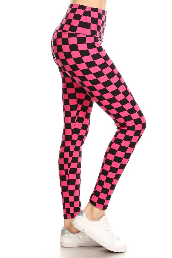 Neon Checkered Pattern Leggings w/ Banded Waist