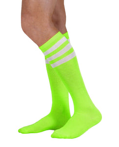 unisex adult size fluorescent neon lime green knee high tube sock with three white stripes