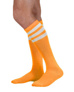 Load image into Gallery viewer, unisex adult size fluorescent neon orange knee high tube sock with three white stripes
